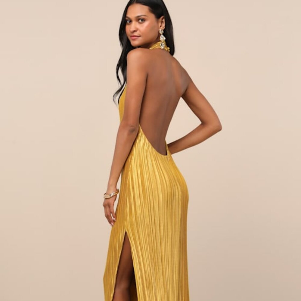 Lulus Gwenny Golden Yellow Satin Plisse Maxi Dress - Size M